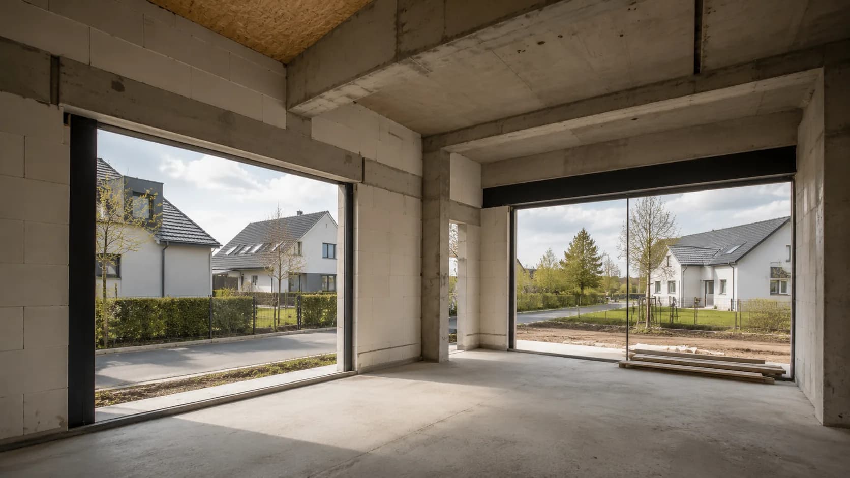 Rohbau eines Einfamilienhauses während der Bauphase