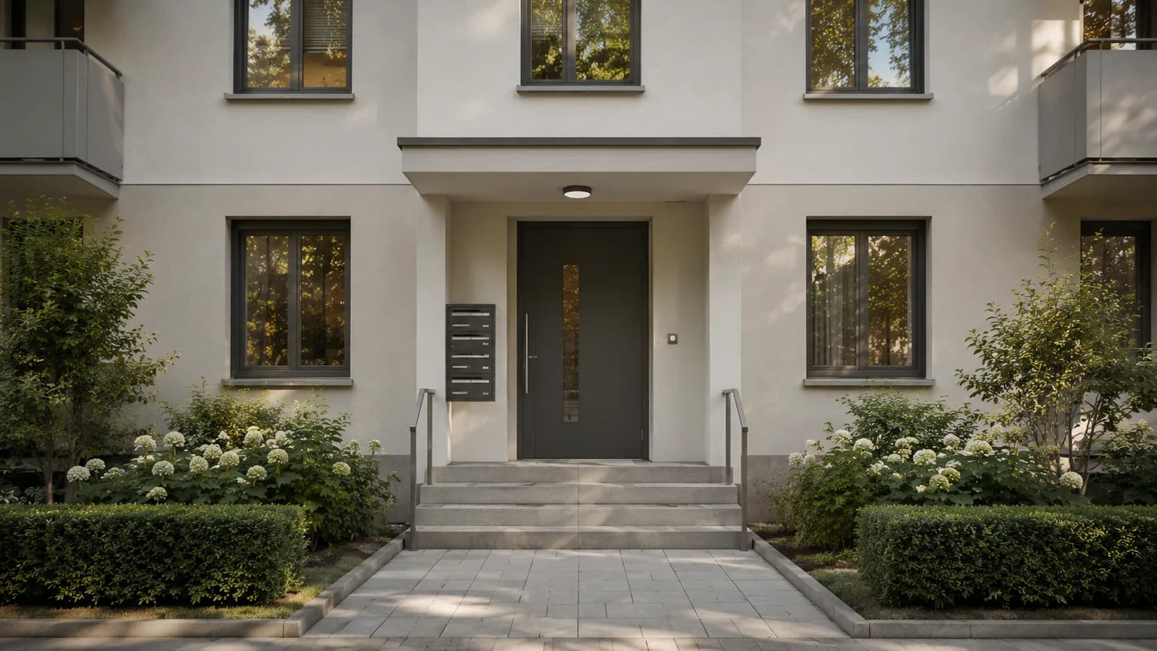 Eingangsfassade eines gepflegten Mehrfamilienhauses
