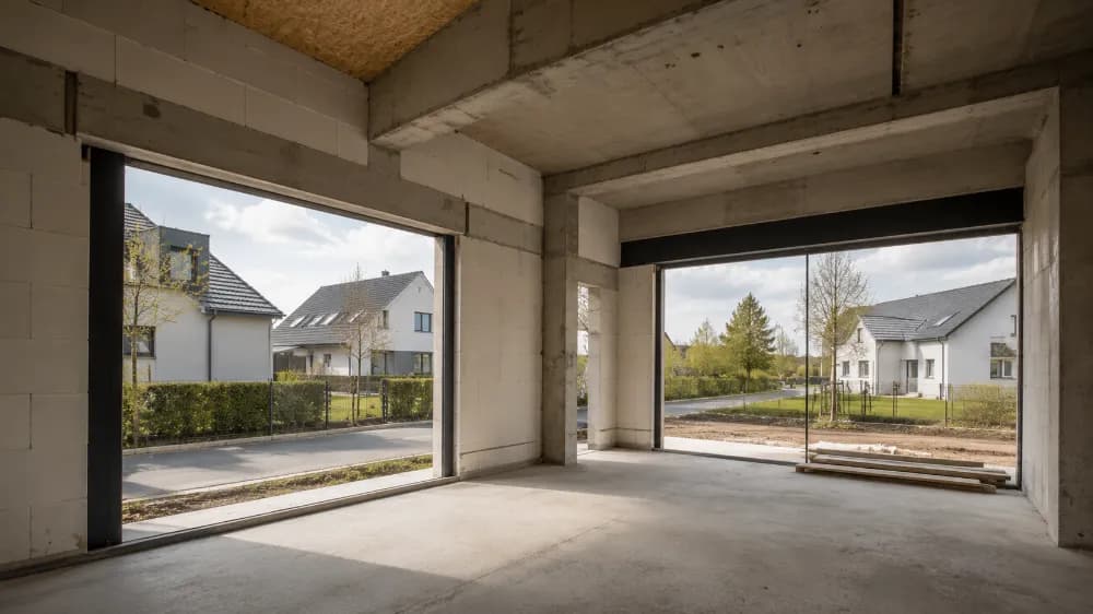 Rohbau eines Einfamilienhauses auf einer Baustelle