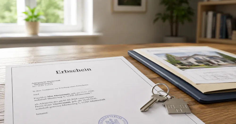 Erbschein, Schlüssel und Hausunterlagen auf einem Tisch als Symbol für ein geerbtes Haus