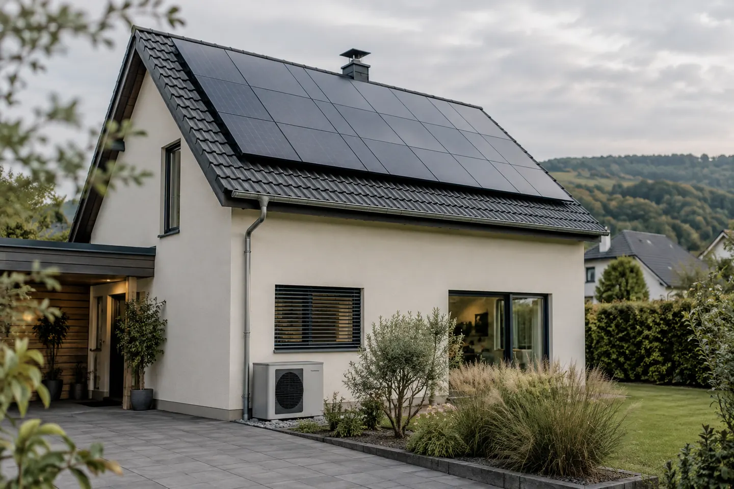 Wohnhaus mit Photovoltaikmodulen auf dem Dach