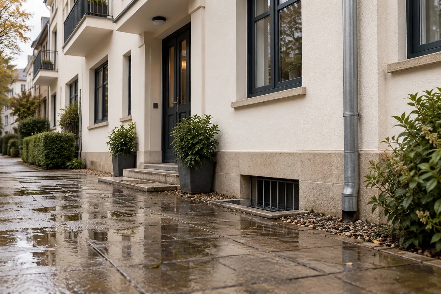 Wohnhaus mit Kellerfenster und nassem Gehweg nach Regen