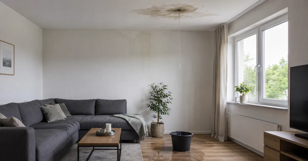 Wasserschaden in einer Mietwohnung mit Wasserfleck an der Decke und Eimer im Wohnzimmer
